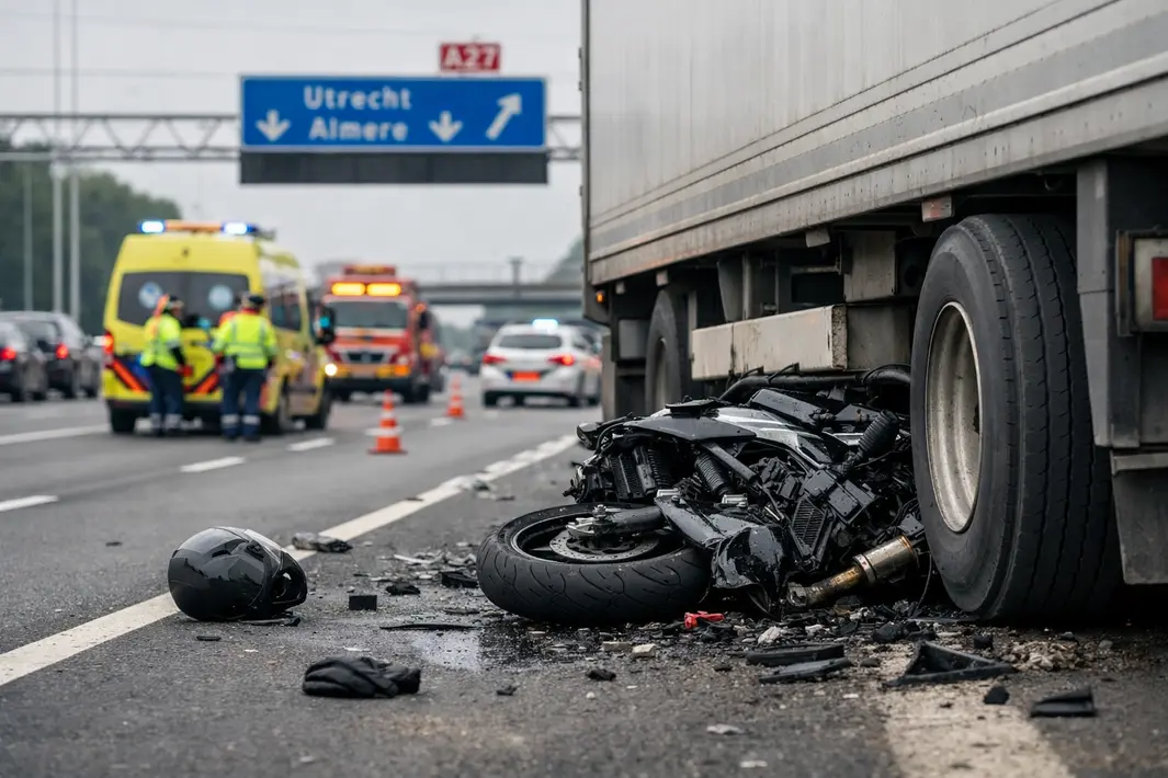 Motorongeluk op A27 bij Nieuwegein onder vrachtwagen