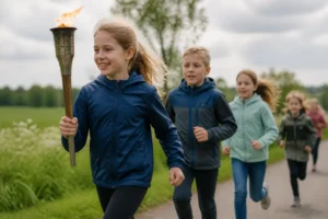 Basisschoolkinderen lopen estafette met Bevrijdingsvuur van Wageningen naar Baarn