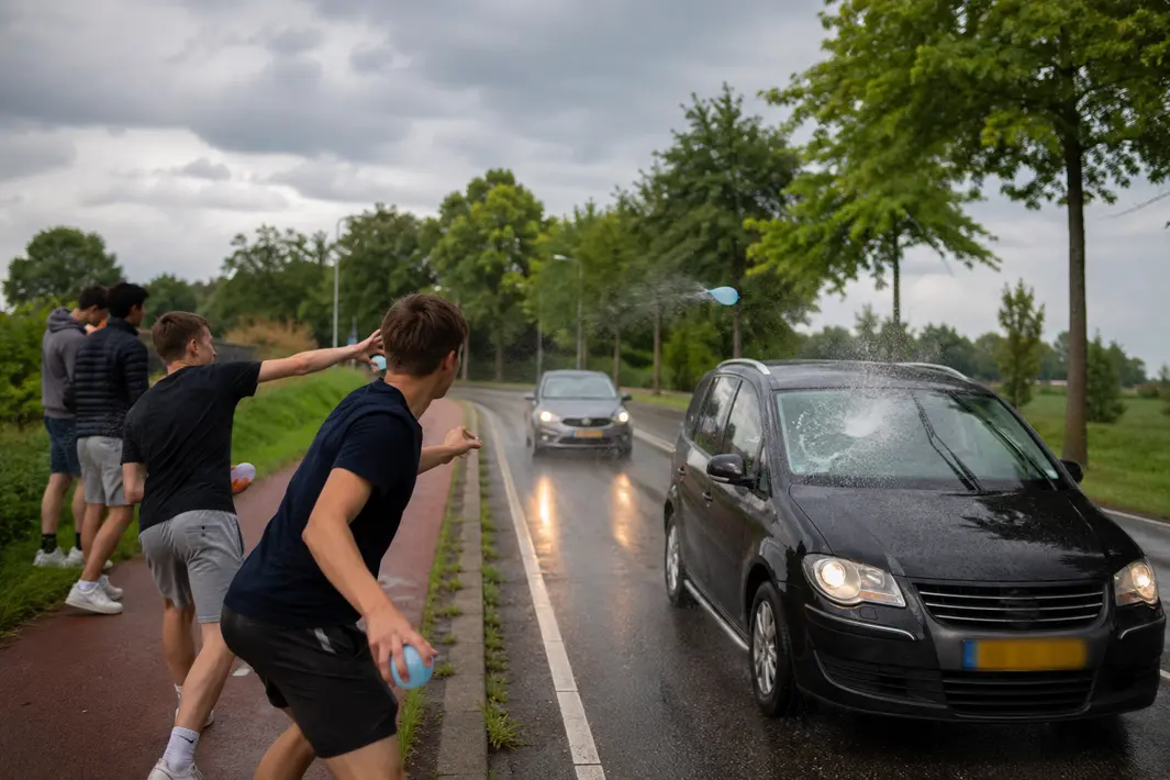 Jongeren gooien met waterballonnen naar auto’s op Bikkersweg