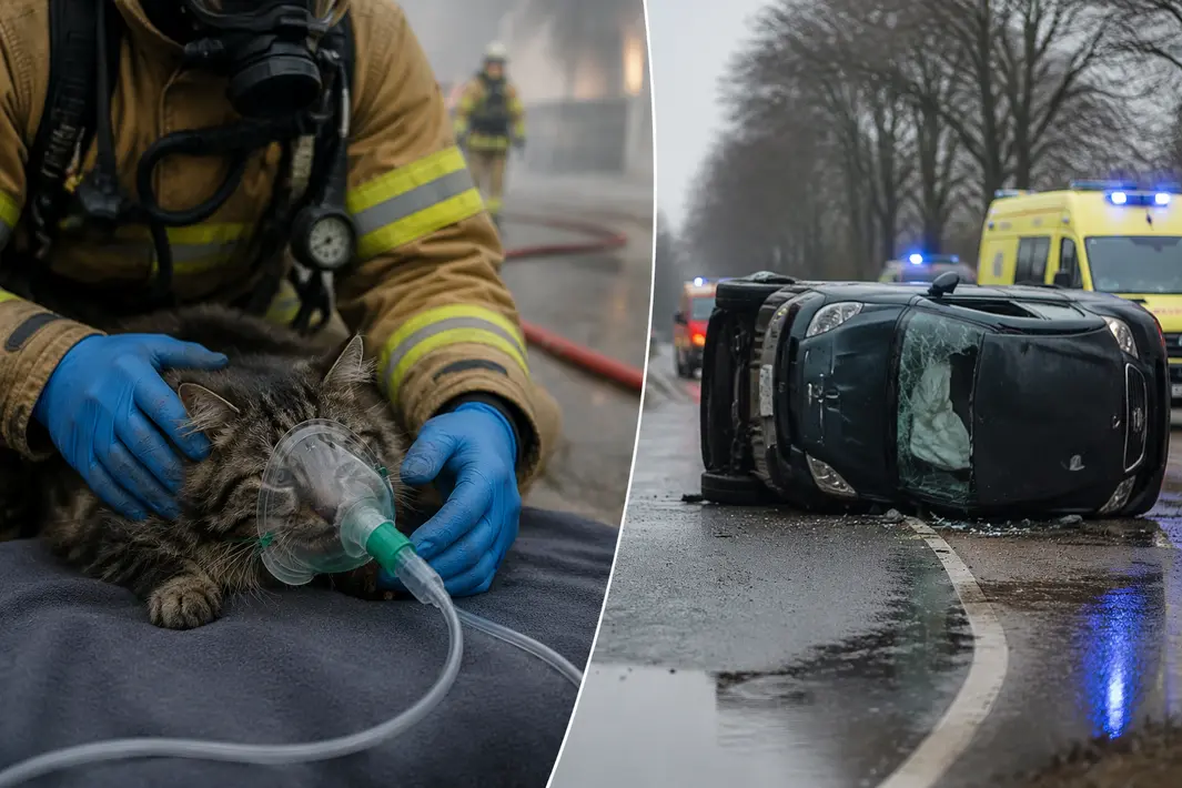 Update 112: Kat krijgt zuurstof na brand, auto kantelt in incident