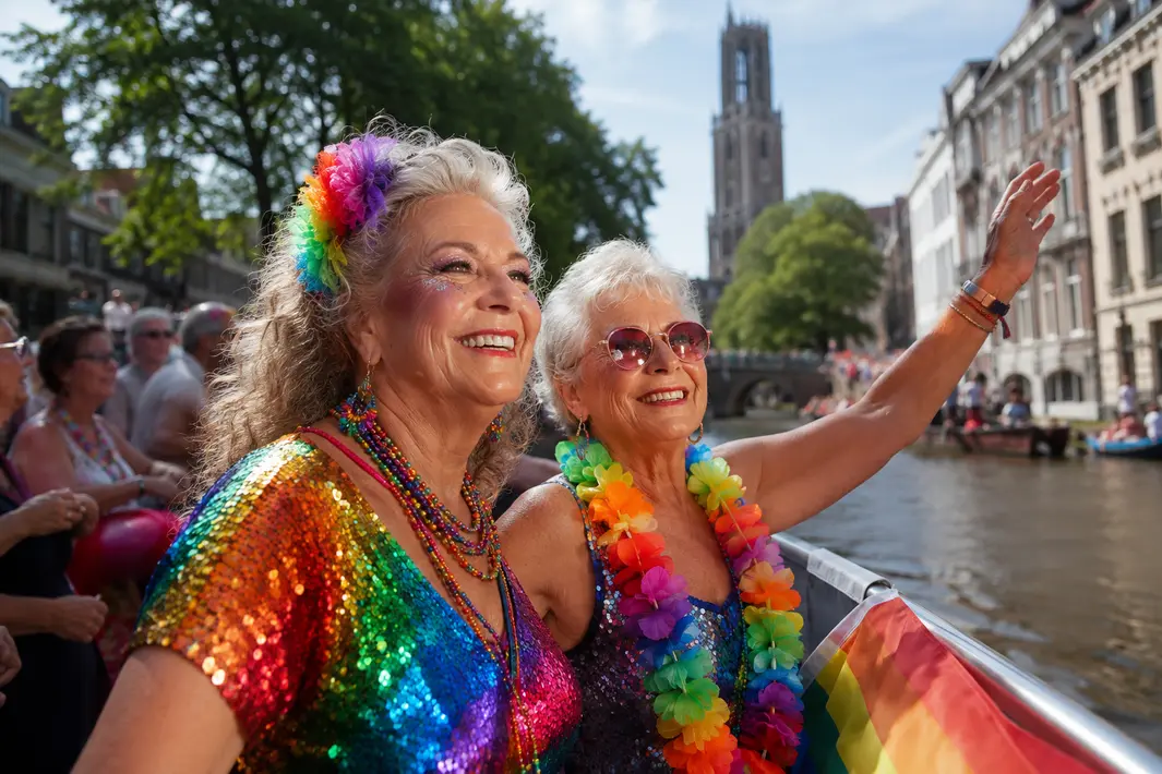 Oudere deelneemsters stralen tijdens Utrecht Pride op de grachten