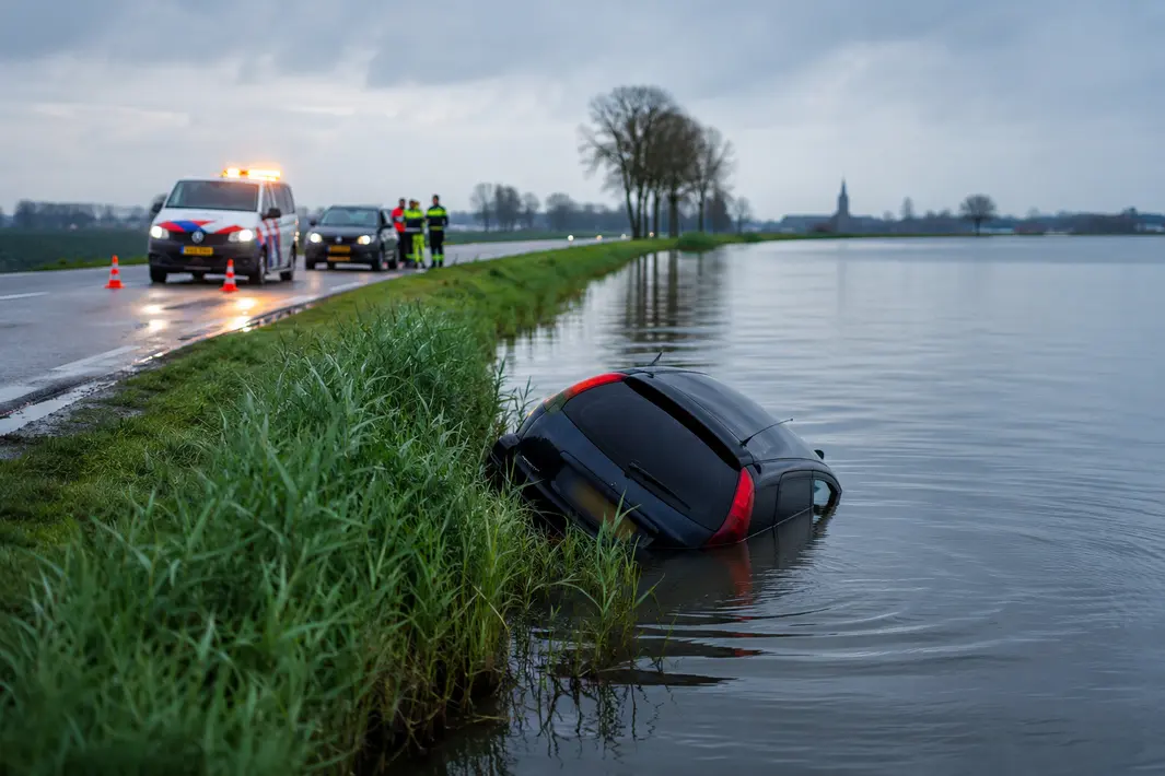 Auto belandt te water bij Tull en 't Waal; weg afgesloten