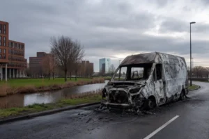 Busje volledig uitgebrand langs Aert de Gelderhage in Nieuwegein